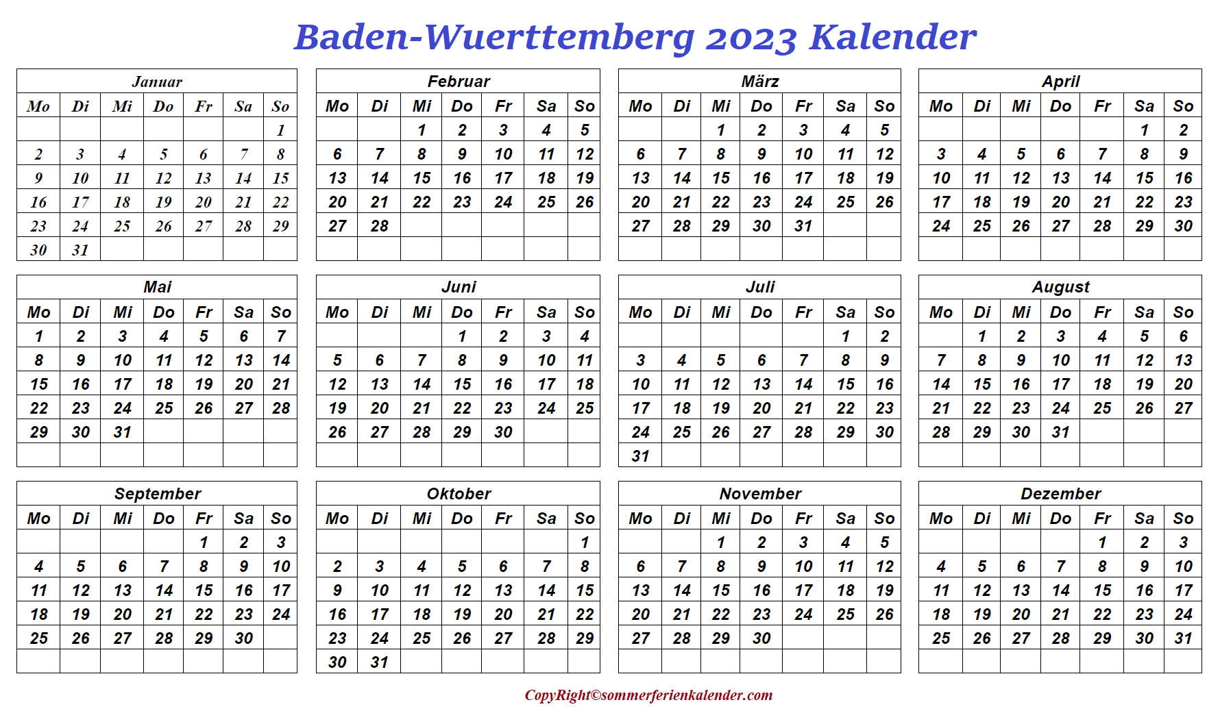 Baden-Wuerttemberg 2023 Kalender