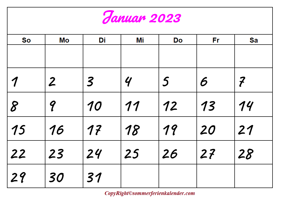 Kalender Januar 2023 Vorlage